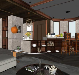 现代中式客餐厅SU模型下载_sketchup草图大师SKP模型