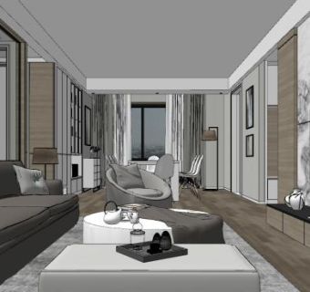 现代简约中式客餐厅SU模型下载_sketchup草图大师SKP模型