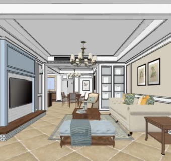 美式客餐厅家装SU模型下载_sketchup草图大师SKP模型