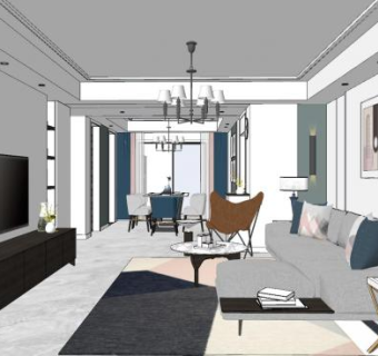 现代简约装修客餐厅SU模型下载_sketchup草图大师SKP模型