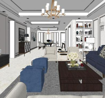 美式客餐厅户型SU模型下载_sketchup草图大师SKP模型