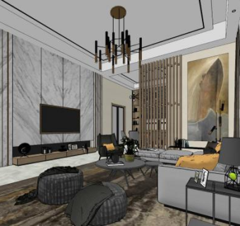 现代复古客餐厅SU模型下载_sketchup草图大师SKP模型