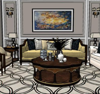 简欧客餐厅户型SU模型下载_sketchup草图大师SKP模型