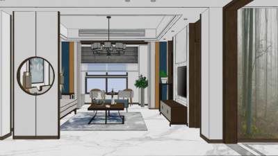 现代新中式客餐厅设计SU模型下载_sketchup草图大师SKP模型