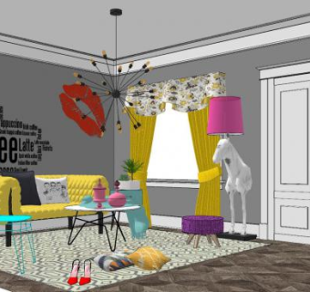 LOFT客厅设计SU模型下载_sketchup草图大师SKP模型