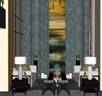 新中式别墅客厅装修sketchup模型下载_sketchup草图大师SKP模型