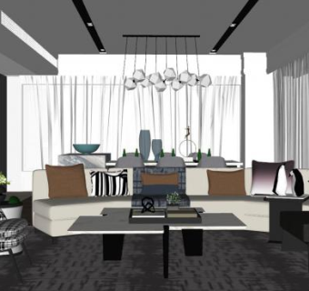 新中式简约客厅SU模型下载_sketchup草图大师SKP模型