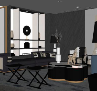 新中式简约客厅设计SU模型下载_sketchup草图大师SKP模型