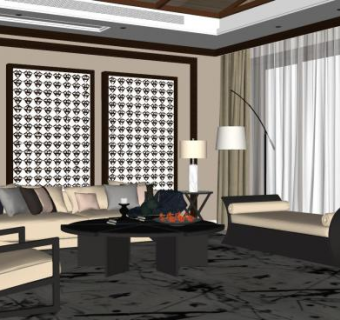 新中式客厅设计SU模型下载_sketchup草图大师SKP模型