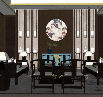 新中式古典风格客厅SU模型下载_sketchup草图大师SKP模型