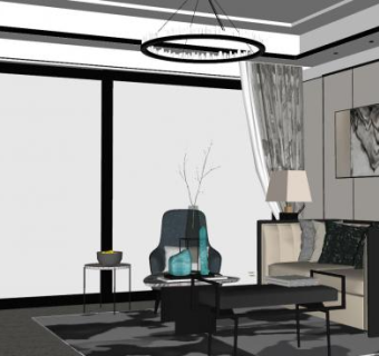 现代新中式客厅家装设计SU模型下载_sketchup草图大师SKP模型