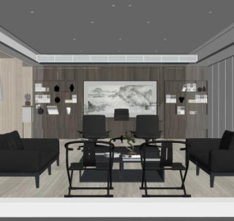 现代新中式禅意客厅SU模型下载_sketchup草图大师SKP模型