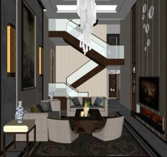 新中式复式客厅SU模型下载_sketchup草图大师SKP模型