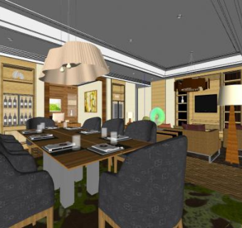 现代时尚客厅餐厅SU模型下载_sketchup草图大师SKP模型