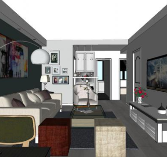 现代简约客厅SKP模型下载_sketchup草图大师SKP模型