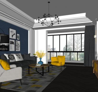 现代简欧简约客厅SU模型下载_sketchup草图大师SKP模型