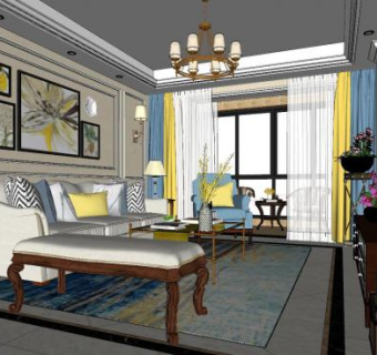 现代欧式客厅软装修SU模型下载_sketchup草图大师SKP模型