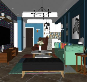 条纹简欧客厅SU模型下载_sketchup草图大师SKP模型