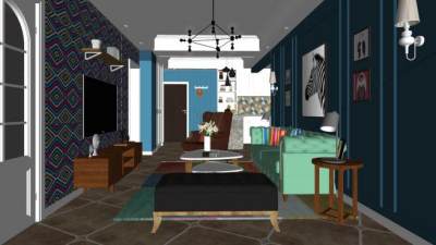 条纹简欧客厅SU模型下载_sketchup草图大师SKP模型