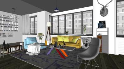 清新北欧客厅装修SU模型下载_sketchup草图大师SKP模型