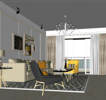 北欧简约客厅装修SU模型下载_sketchup草图大师SKP模型