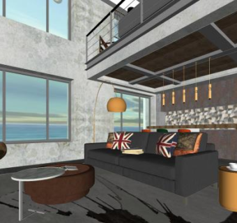 工业风复式客厅SU模型下载_sketchup草图大师SKP模型