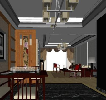 新中式客餐厅装修设计SU模型下载_sketchup草图大师SKP模型