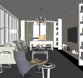 现代简约客厅书房SU模型下载_sketchup草图大师SKP模型