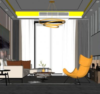 现代简约别墅客厅设计SU模型下载_sketchup草图大师SKP模型