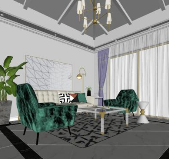 现代简约客厅装修设计SU模型下载_sketchup草图大师SKP模型