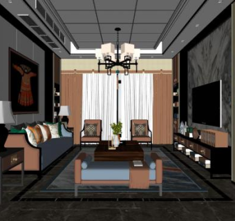 新中式客厅装修设计SU模型下载_sketchup草图大师SKP模型