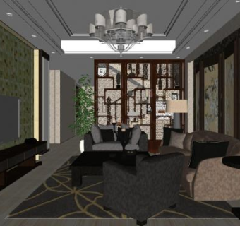 新中式古典家装设计SU模型下载_sketchup草图大师SKP模型