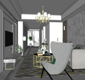 简约现代客厅装修SU模型下载_sketchup草图大师SKP模型