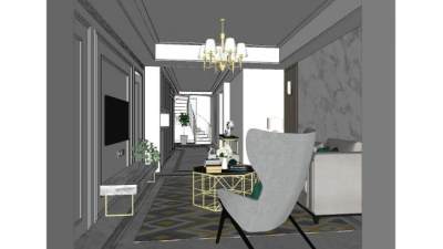 简约现代客厅装修SU模型下载_sketchup草图大师SKP模型