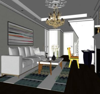 现代简欧客厅SKP模型下载_sketchup草图大师SKP模型