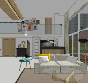 轻奢北欧复式客厅SU模型下载_sketchup草图大师SKP模型