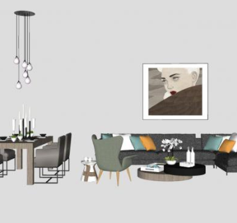 北欧客厅餐厅组合SU模型下载_sketchup草图大师SKP模型