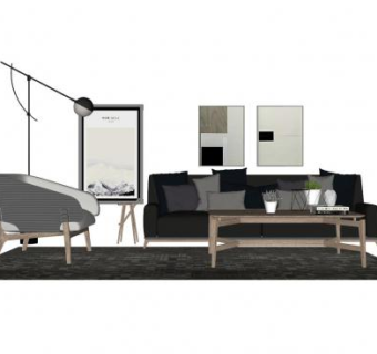 北欧极简客厅软装SU模型下载_sketchup草图大师SKP模型