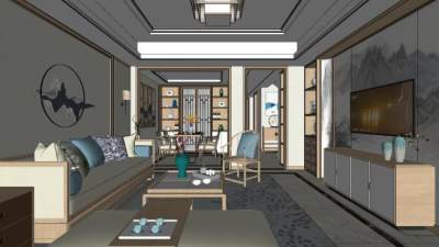 现代新中式禅意客厅sketchup模型下载_sketchup草图大师SKP模型