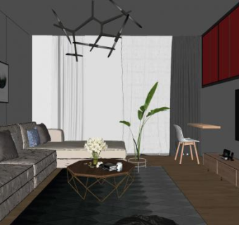 现代简约客餐厅室内SU模型下载_sketchup草图大师SKP模型