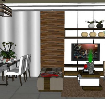 北欧原木风格客餐厅SU模型下载_sketchup草图大师SKP模型