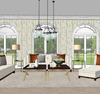 简欧田园客厅SU模型下载_sketchup草图大师SKP模型