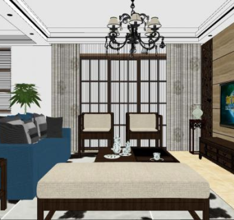 新中式复古组合客厅SU模型下载_sketchup草图大师SKP模型