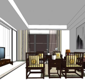 新中式简约客厅家具SU模型下载_sketchup草图大师SKP模型