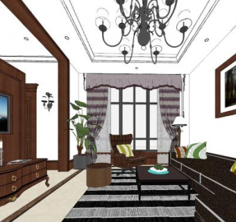 美式原木风格客厅SU模型下载_sketchup草图大师SKP模型