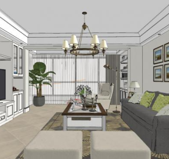 简欧客厅家具室内SU模型下载_sketchup草图大师SKP模型