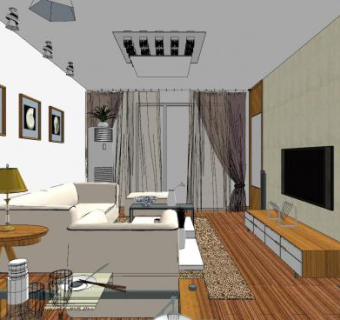 现代木式客厅SU模型下载_sketchup草图大师SKP模型