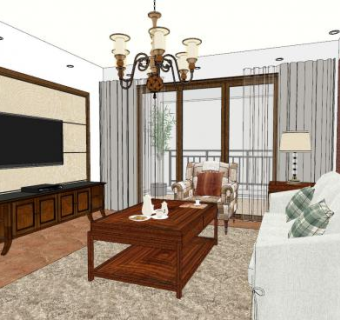 现代新中式风格客厅家装SU模型下载_sketchup草图大师SKP模型