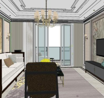 简约新中式客厅SU模型下载_sketchup草图大师SKP模型