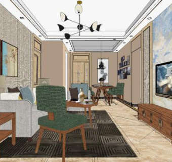 现代北欧简约客餐厅SU模型下载_sketchup草图大师SKP模型